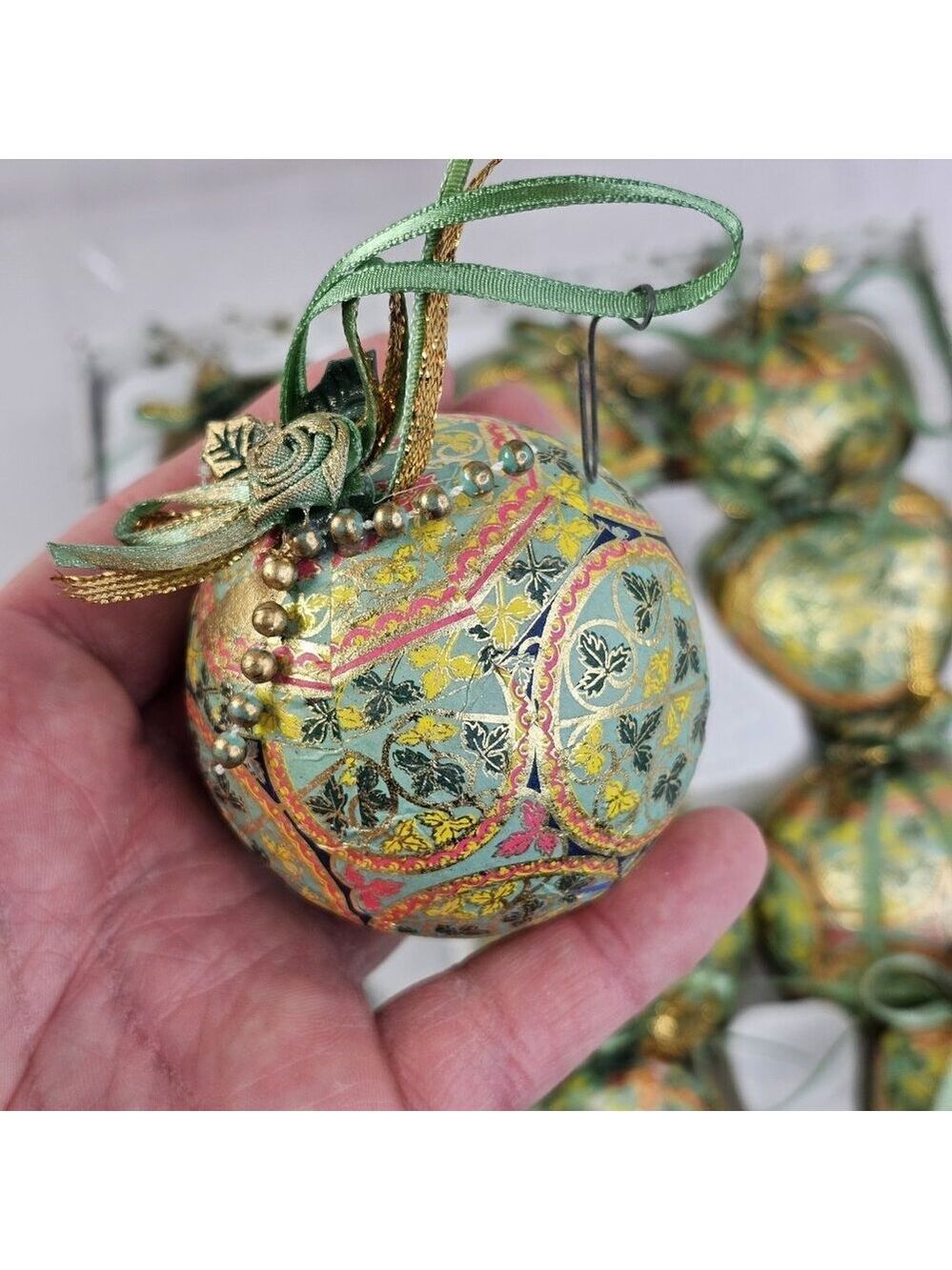 Christmas Ornament Set Paper Mache Bell, Round, And Hearts 12pcs Gold Green Etc - Picture 4 of 9